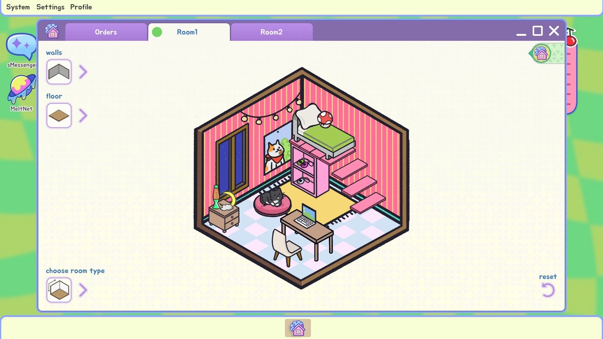 ROOMGAZE: Cozy pink bedroom with wall options, a cat by the window, and a loft bed setup above stairs.