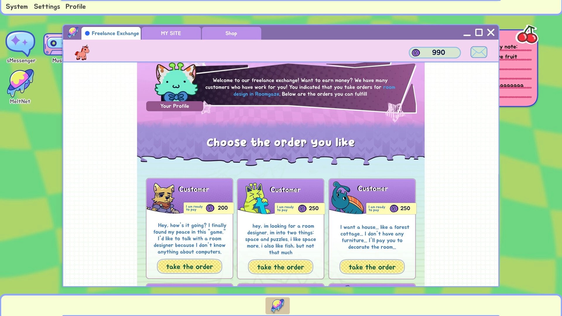 ROOMGAZE: Freelance Exchange screen with customer orders and profile in a colorful, playful interface