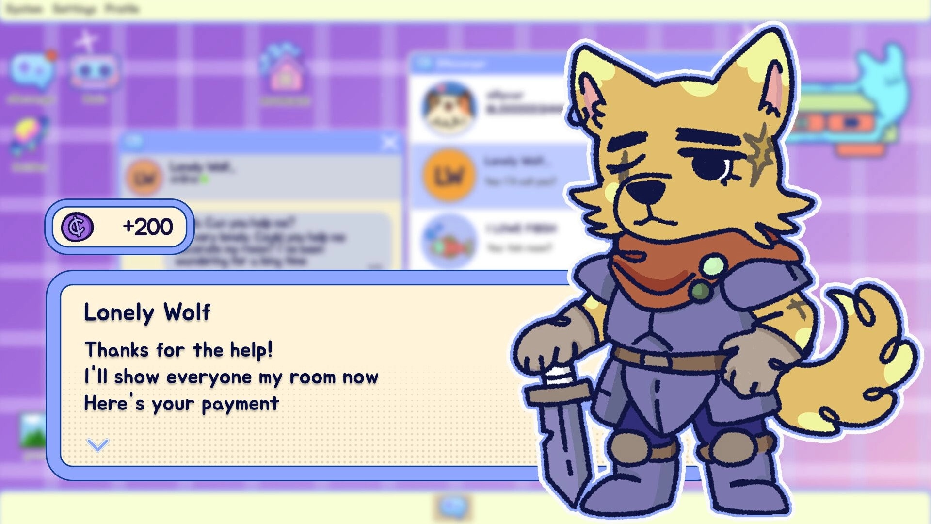 ROOMGAZE: Lonely Wolf character rewards player with coins, message board and chat interface visible