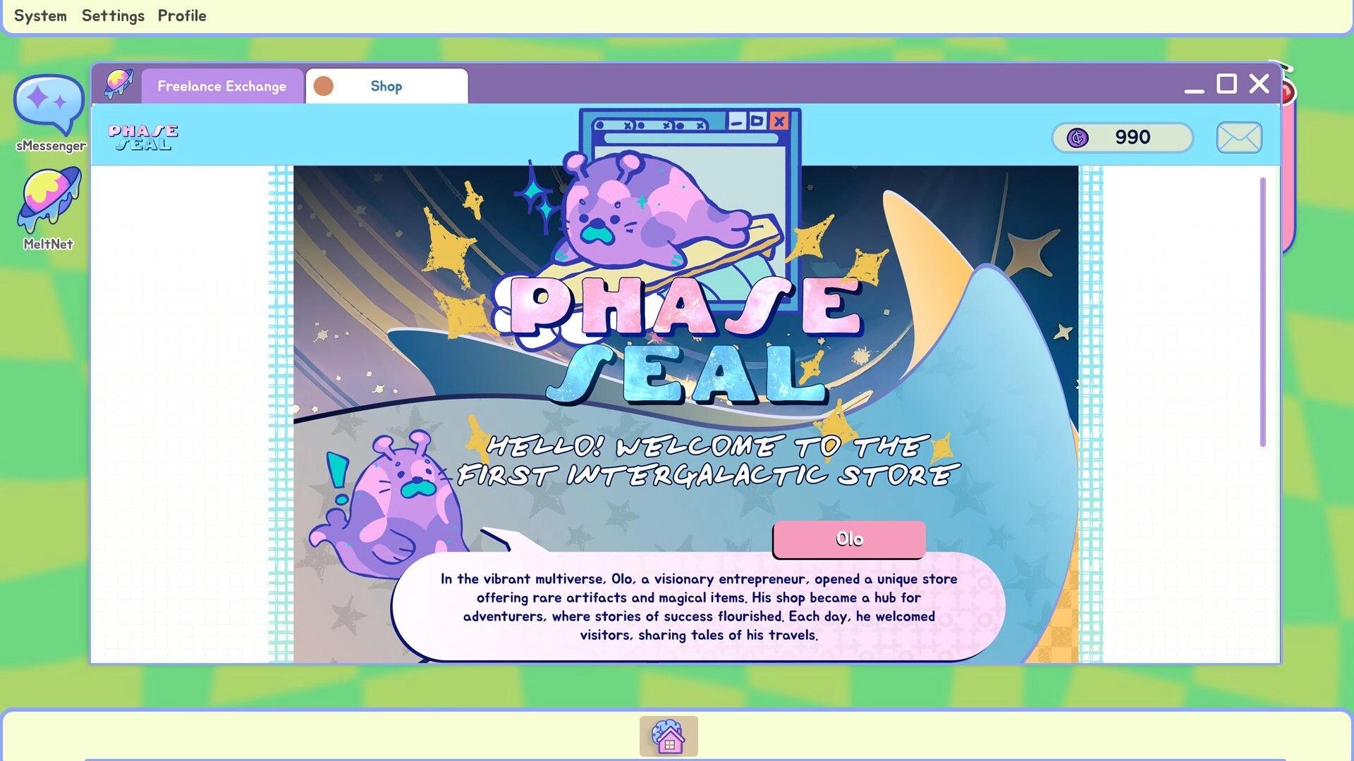 ROOMGAZE: Olo's intergalactic shop interface with sMessenger and MeltNet icons on a colorful background.
