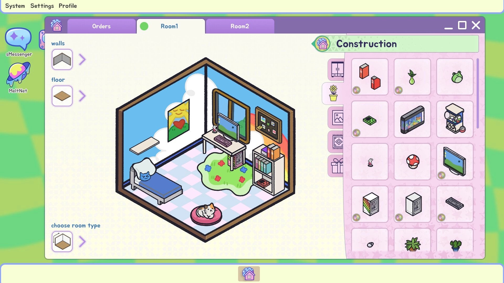 ROOMGAZE: Designing a cozy room with furniture options and a cat relaxing on a pink cushion.