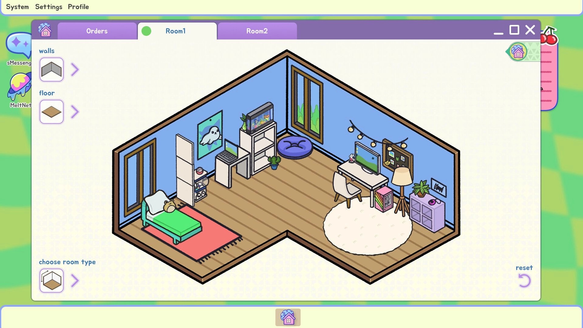ROOMGAZE: Isometric view of a decorated bedroom with desk, bed, and customizable wall options