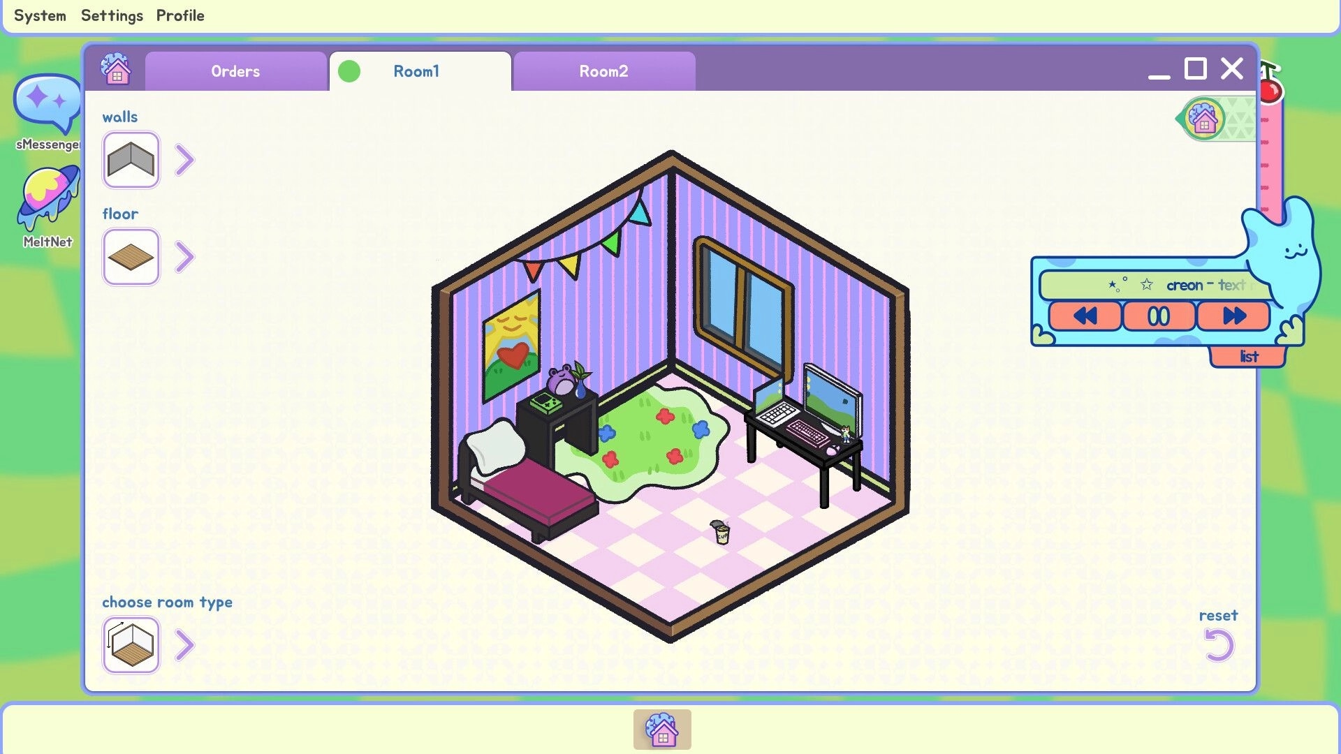 ROOMGAZE: Designing a cozy room with striped walls, computer desk, and playful decorations