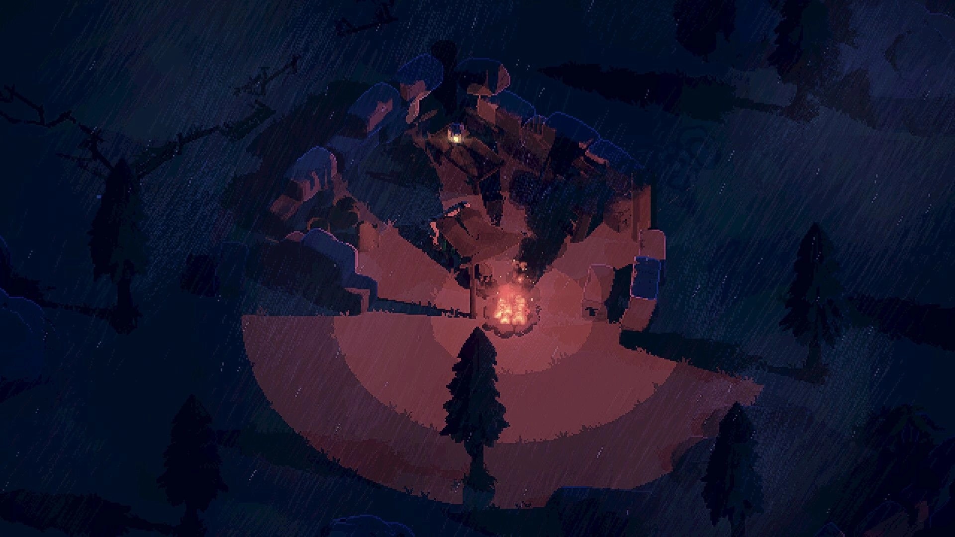Rootbound: Campfire scene in a rainy forest clearing surrounded by rocky ruins and scattered trees