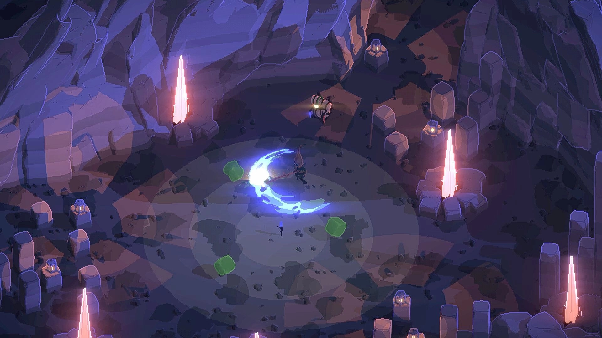 Rootbound: Character casting a blue energy wave in a cavern with glowing crystal pillars and rocky terrain.