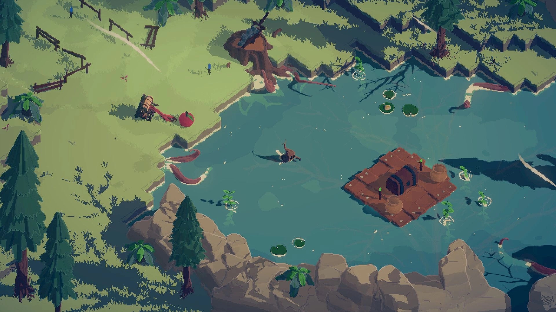 Rootbound: Plantling battles tentacle creature in vibrant lakeside area with floating raft and barrels.