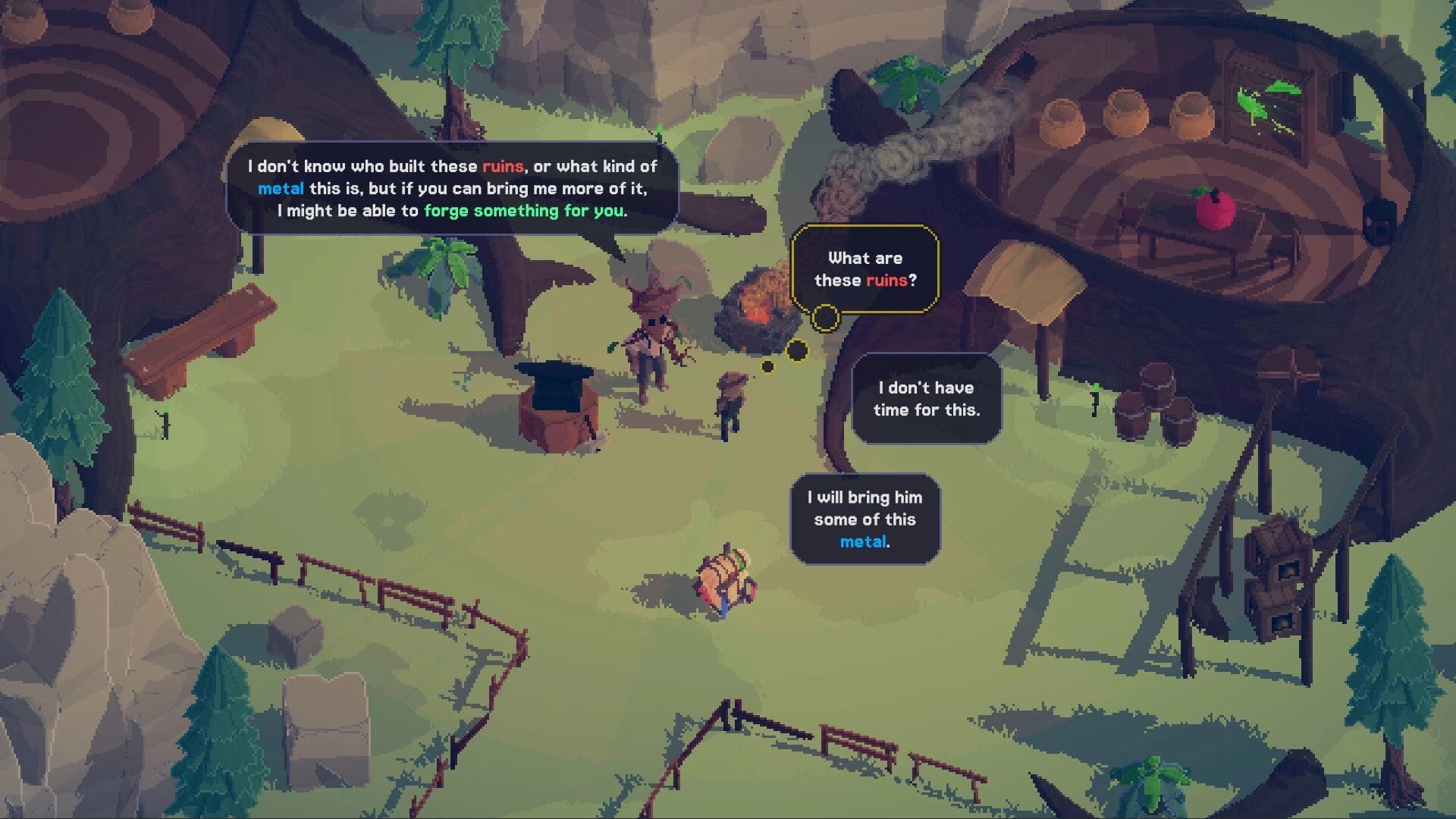 Rootbound: Conversing with a mysterious figure near a treehouse, discussing ancient ruins and metal.
