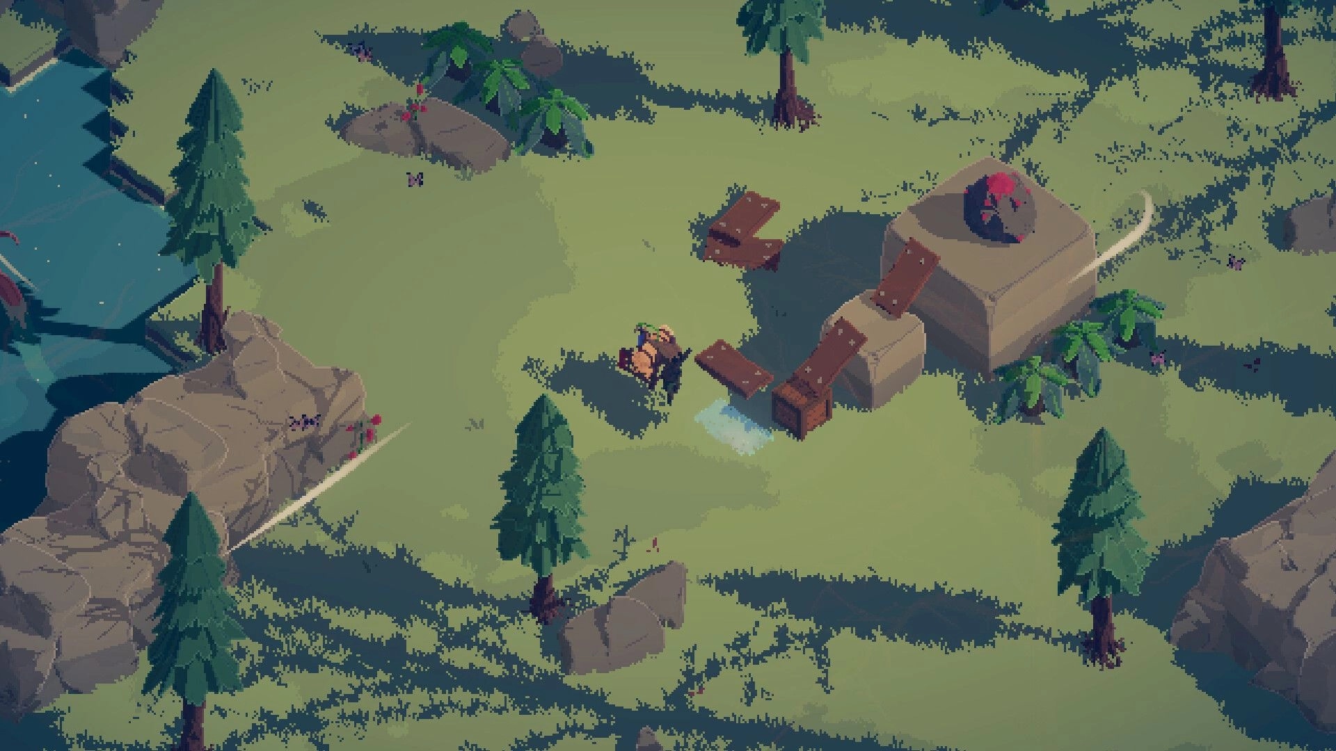 Rootbound: Plantling character exploring a forest area with scattered rocks and a small waterfall nearby