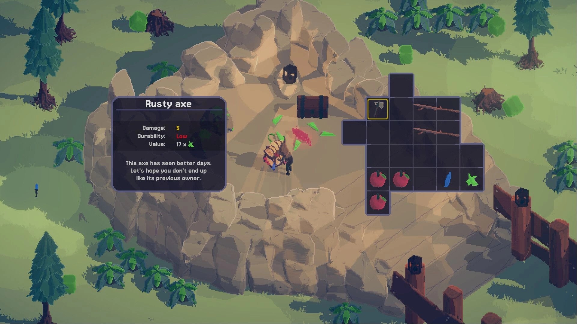 Rootbound: Inventory screen with a rusty axe description and character standing in rocky clearing