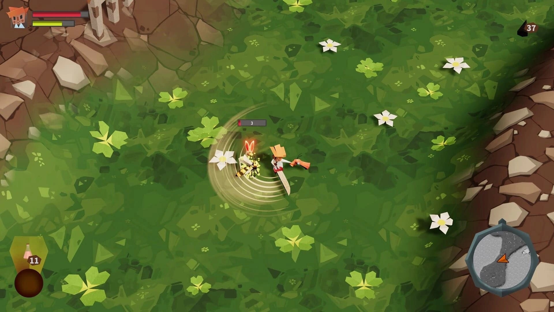 Roots of Fury: Scientist battling insect in lush foliage with health bar and mini-map visible