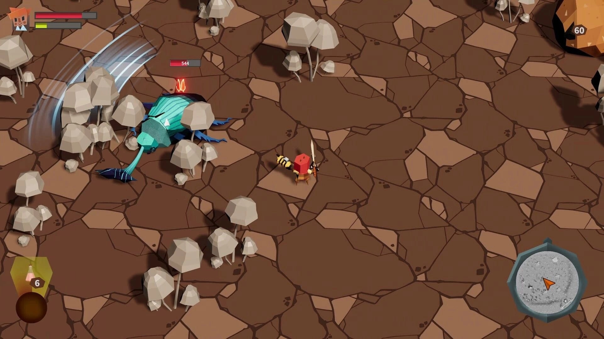 Roots of Fury: Scientist battles large insect with sword in rocky underground environment