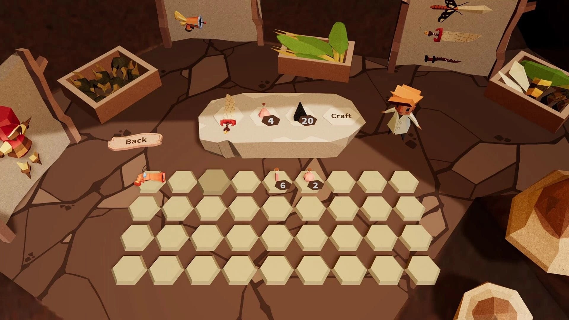 Roots of Fury: Scientist crafting weapons in ant hive with hexagonal grid and crafting materials visible.