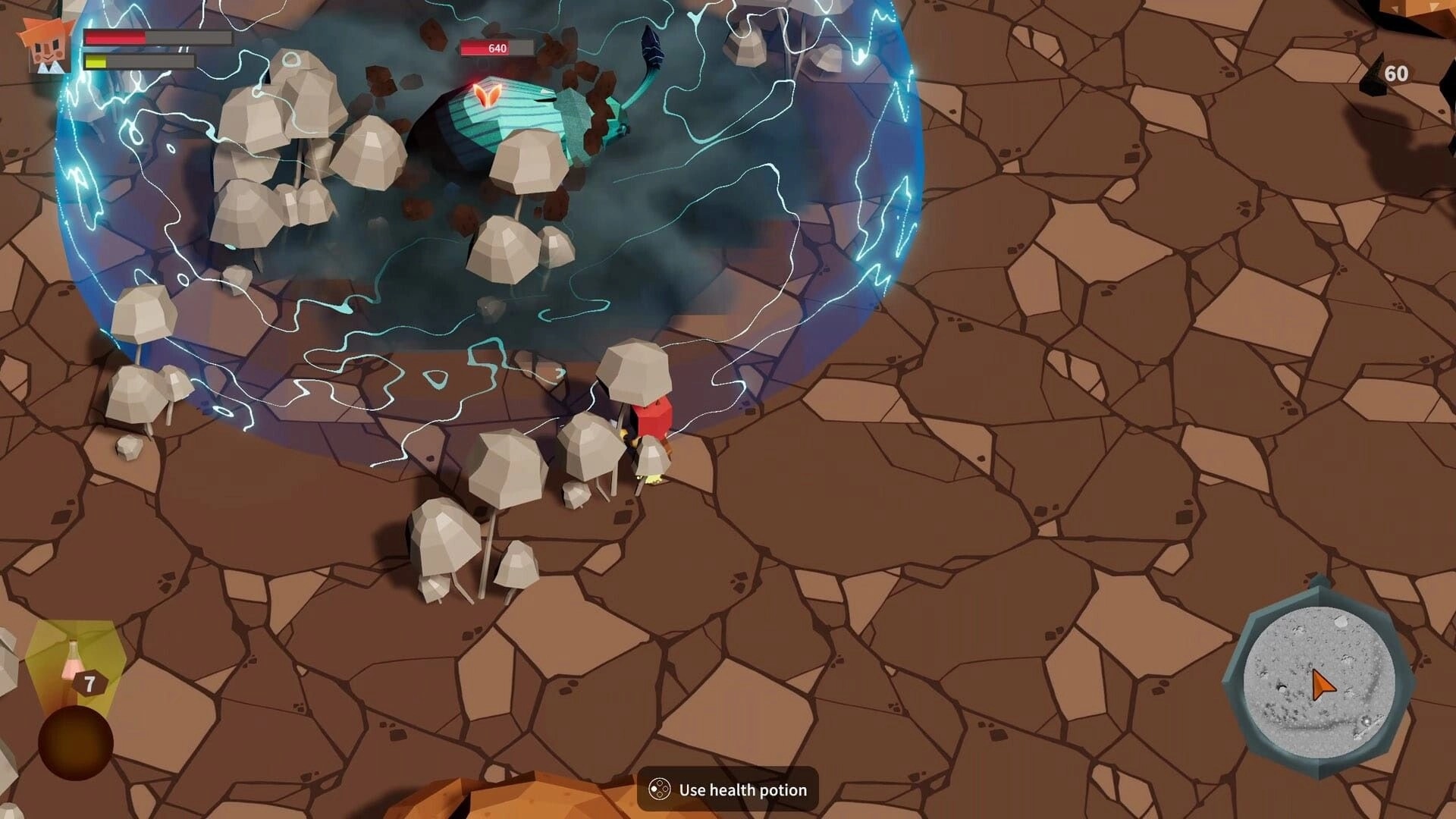 Roots of Fury: Scientist battles giant insect near glowing shield on cracked ground, health bar visible.