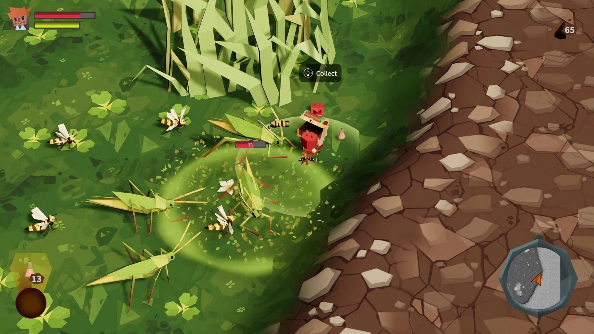 Roots of Fury: Scientist in combat with giant insects near ant base, health bar and mini-map visible.