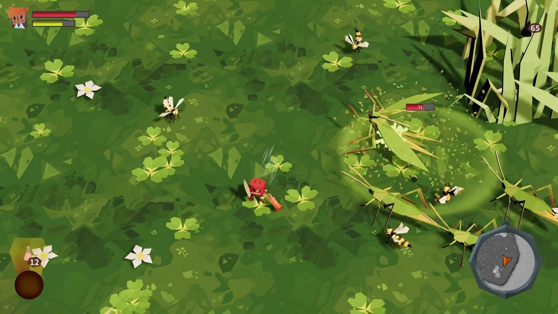 Roots of Fury: Scientist battles insects with sword in grassy field, health bar and map visible.