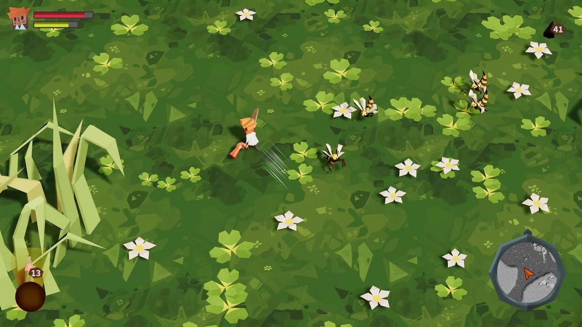 Roots of Fury: Scientist dodging insects in a lush garden with health bar and mini-map visible