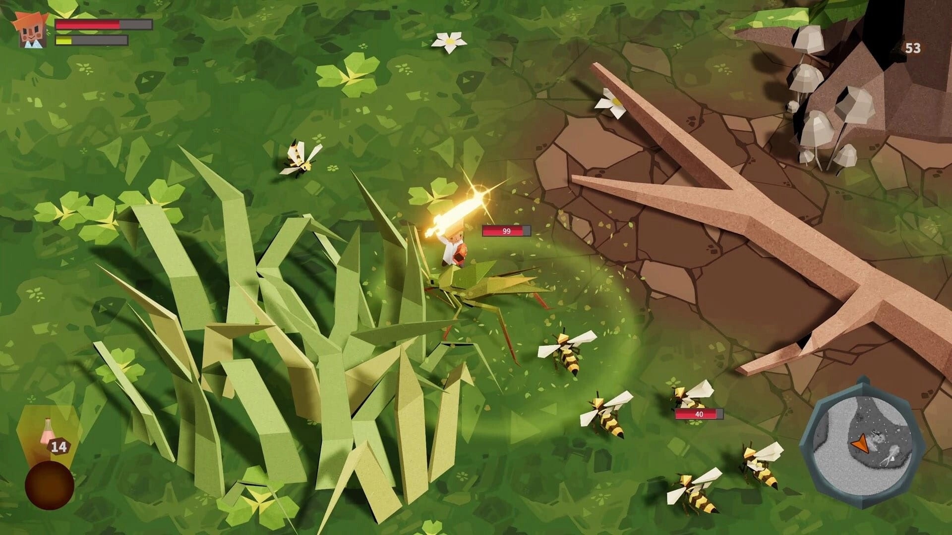 Roots of Fury: Scientist riding ant in combat with insects by tree roots, health and map visible.