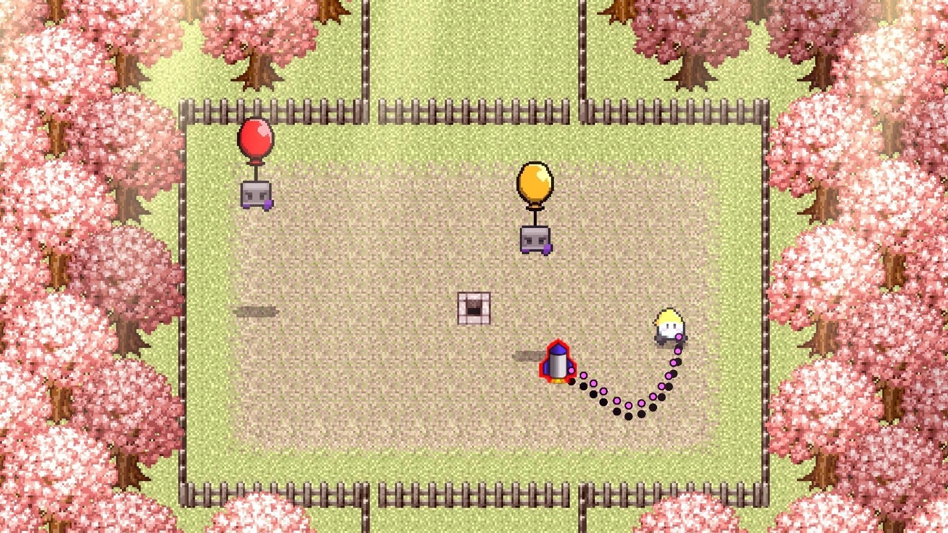 Rope-Kun Adventure: Rope-kun uses rope to pull lever in a cherry blossom garden with balloons nearby.