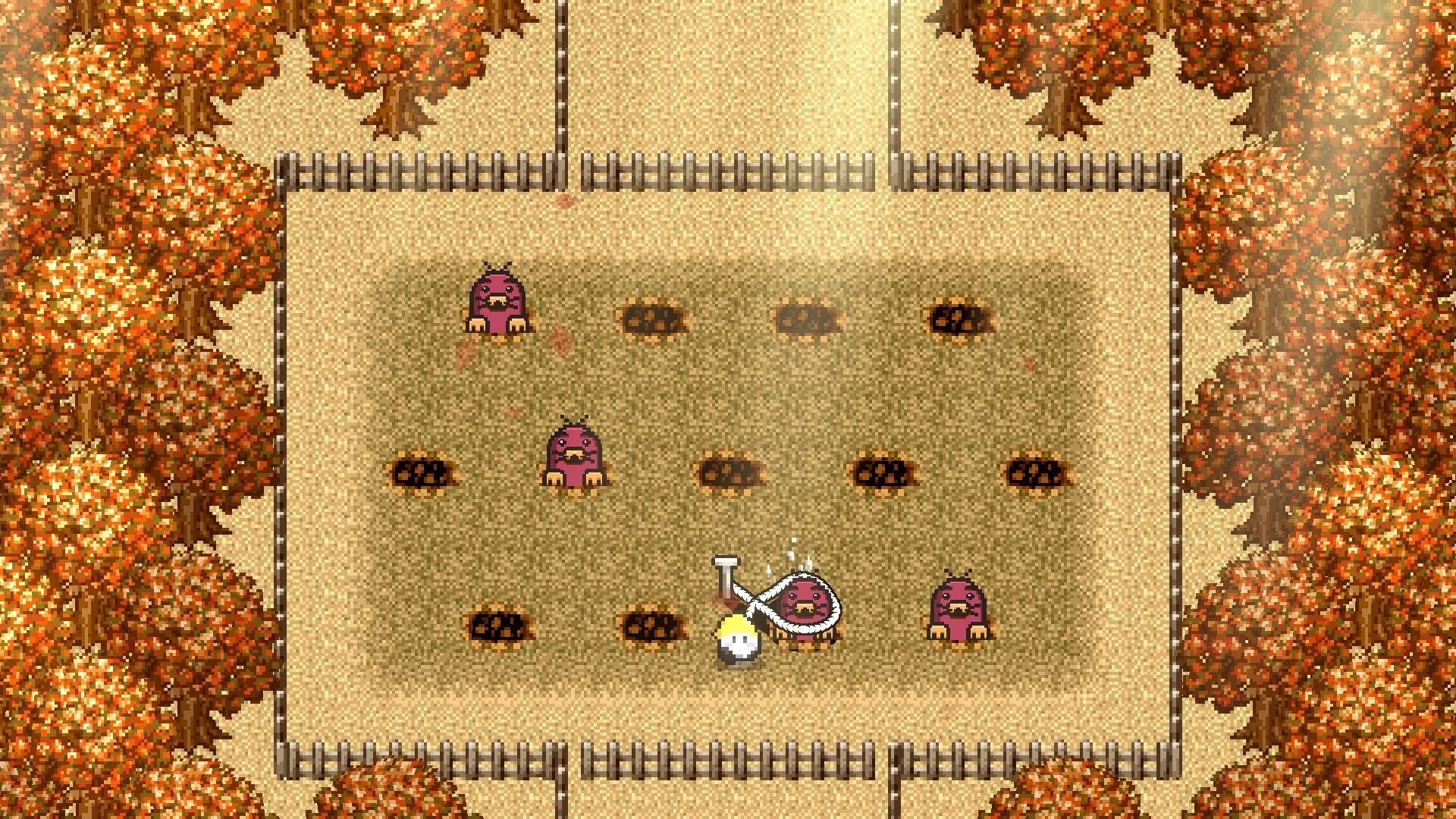 Rope-Kun Adventure: Rope-kun tying up monsters in a fenced autumn forest clearing with burrows