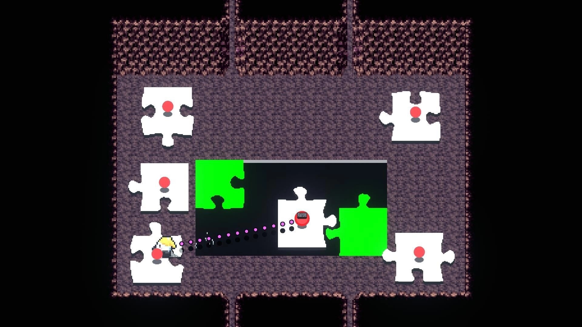 Rope-Kun Adventure: Rope-kun solving puzzle pieces in a stone-walled room with green and white tiles