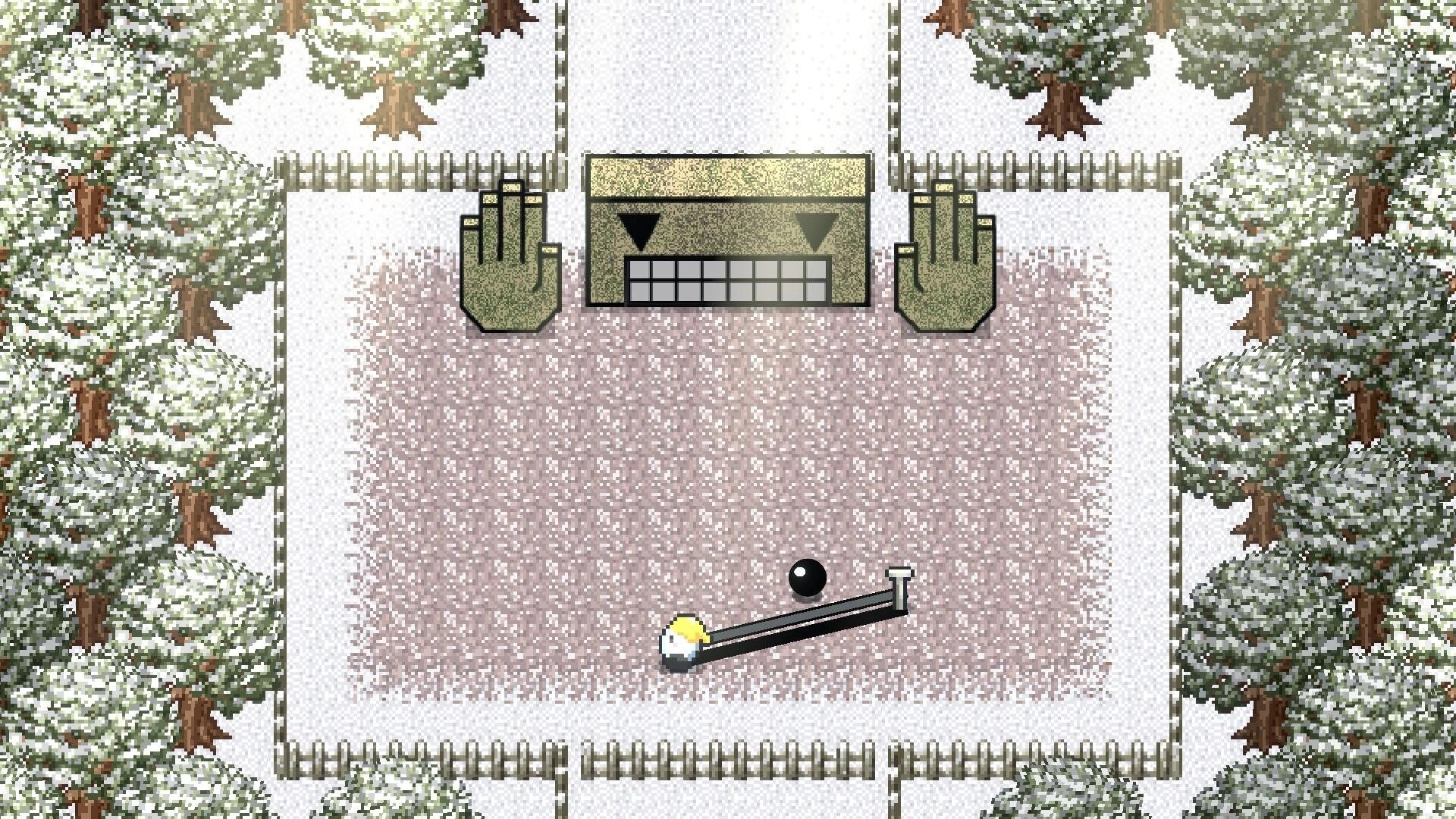 Rope-Kun Adventure: Rope-Kun uses rope to move ball in snowy forest arena with mysterious stone gate