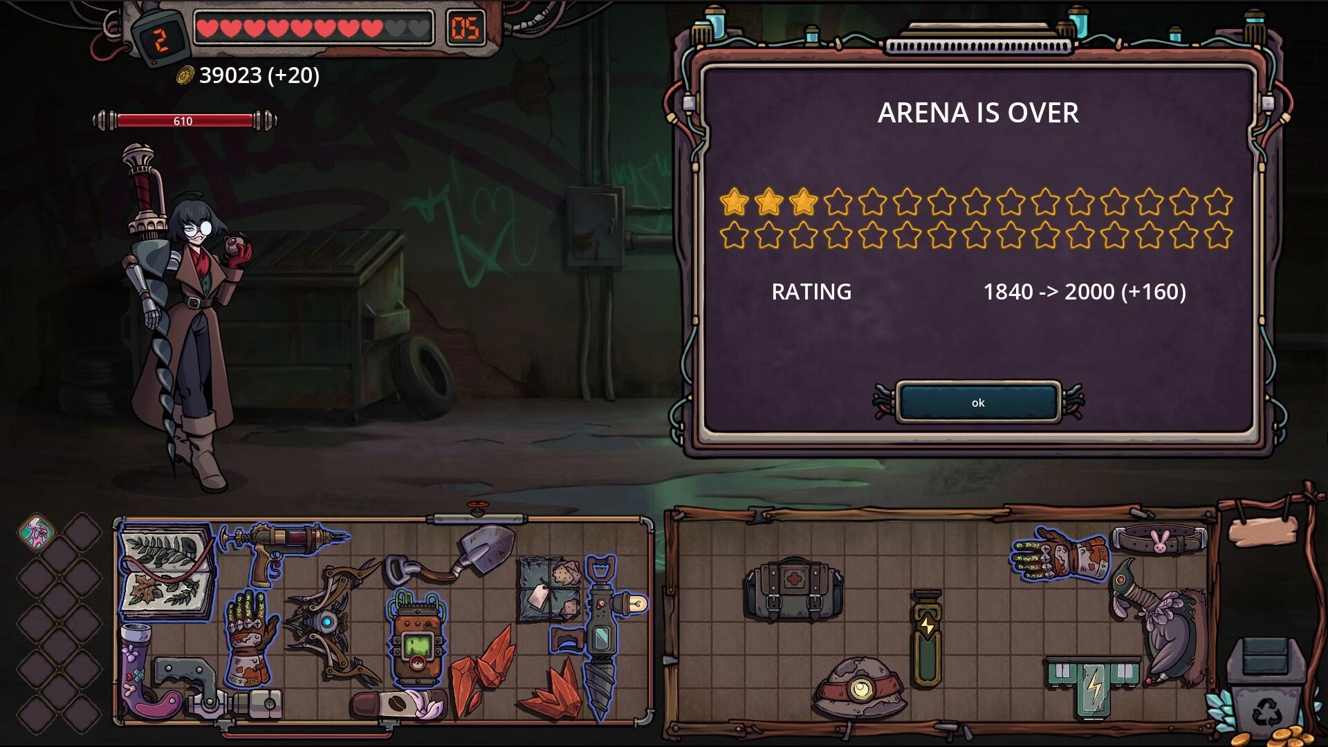 Roselle Hunt: Arena is over rating screen with stars and loot grid in a dim industrial alley UI.