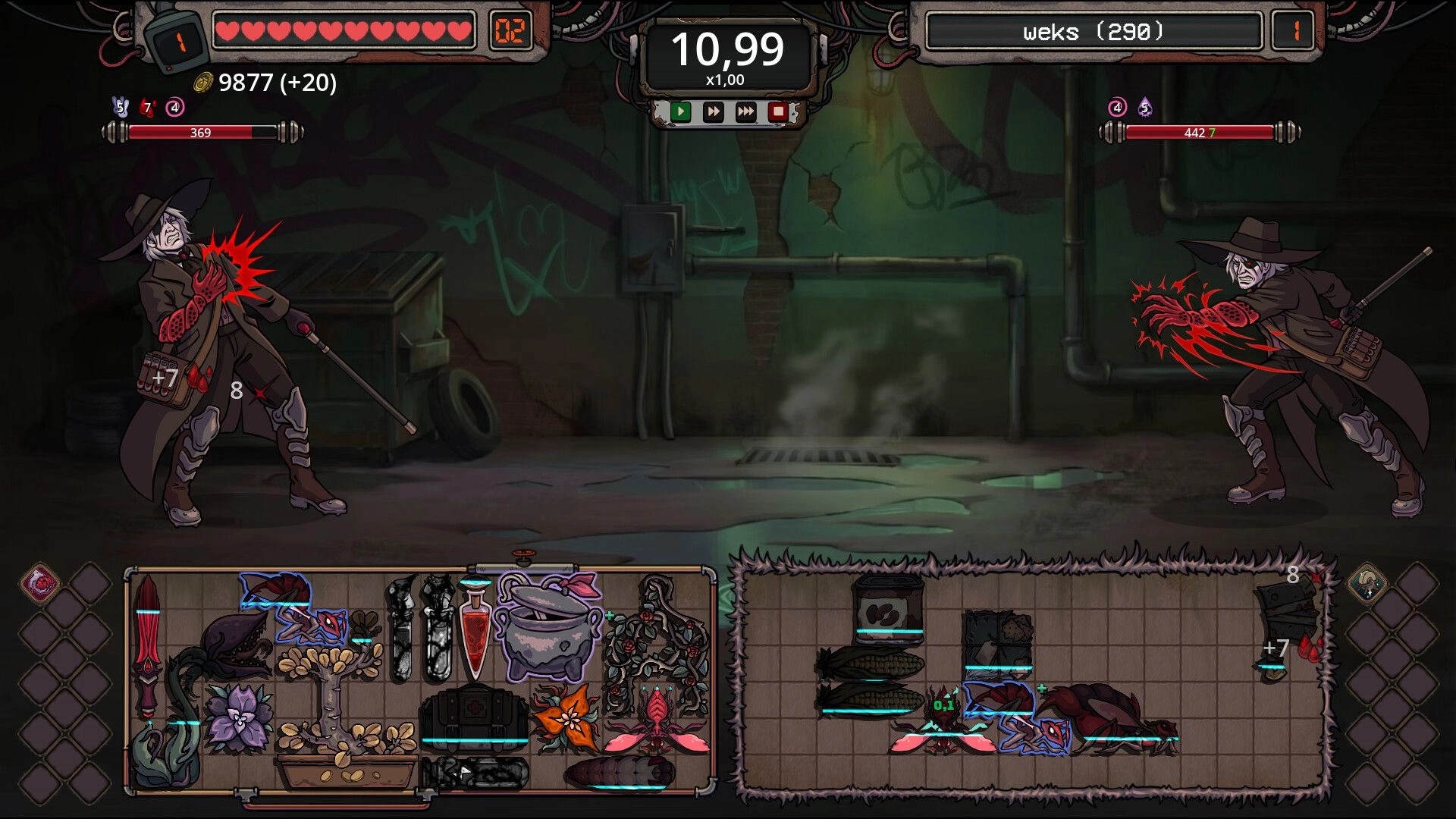 Roselle Hunt: Two trenchcoat fighters clash in a sewer arena with health bars and backpack gear grids below.