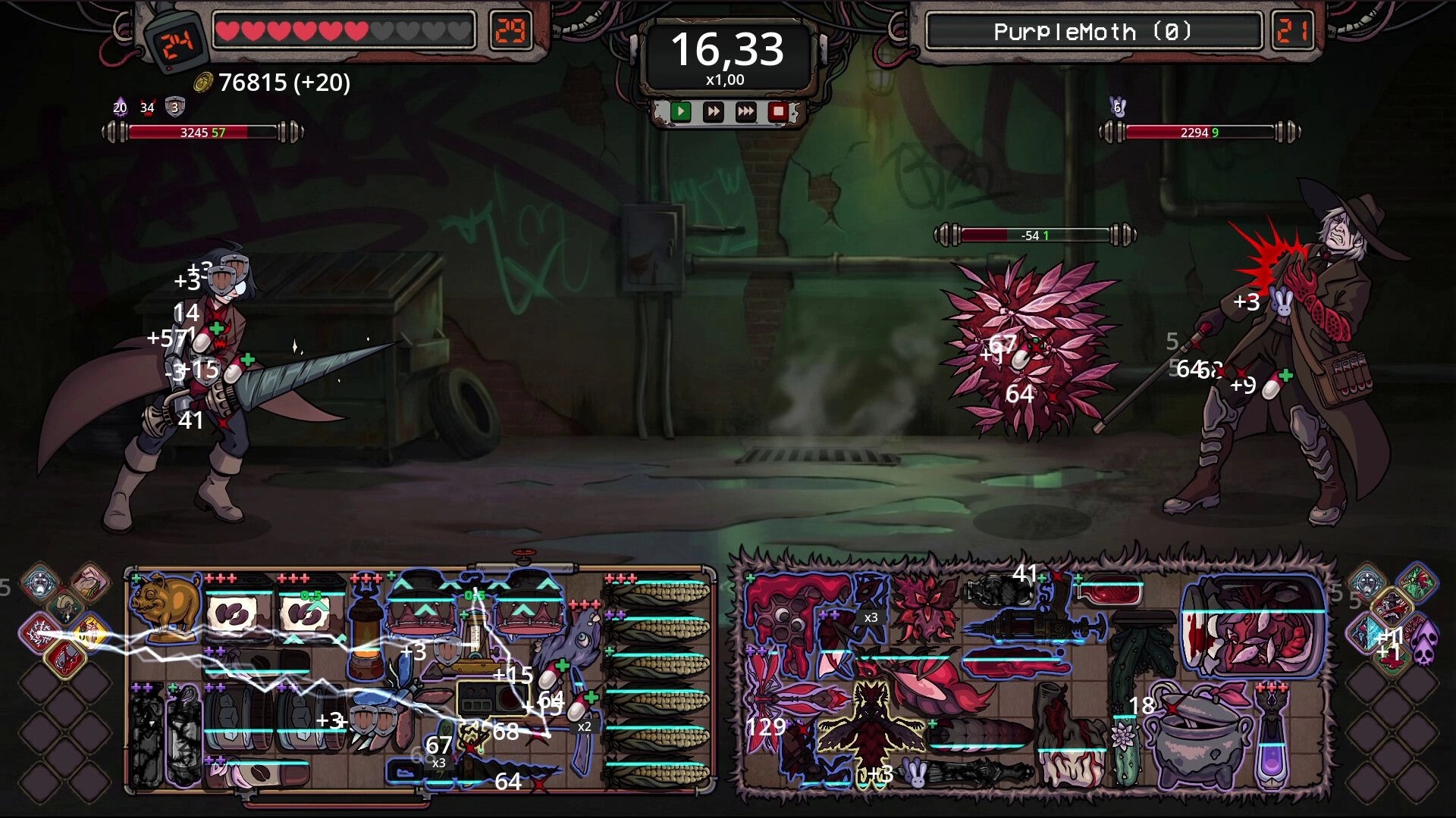 Roselle Hunt: Auto-battle duel with two hunters and damage numbers in a grimy sewer arena UI.