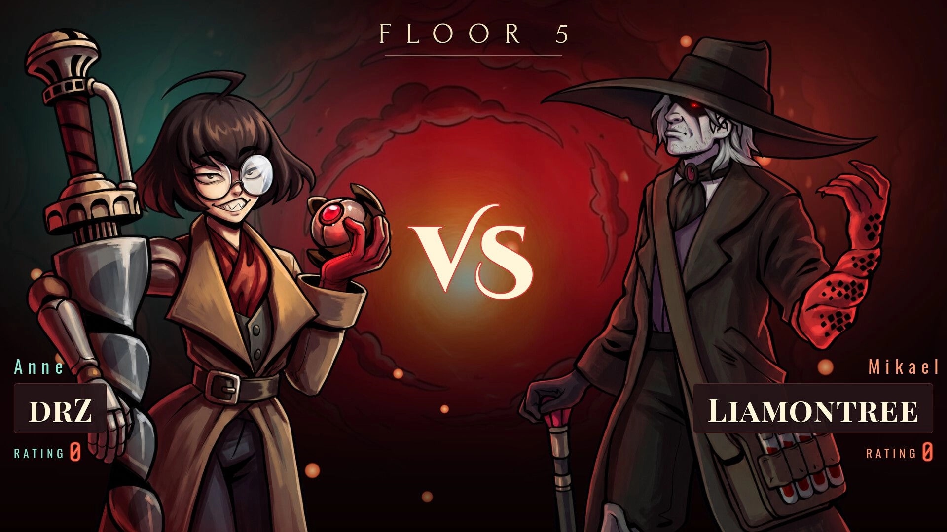 Roselle Hunt: Floor 5 versus screen with Anne DRZ facing Mikael Liamontree on red backdrop.