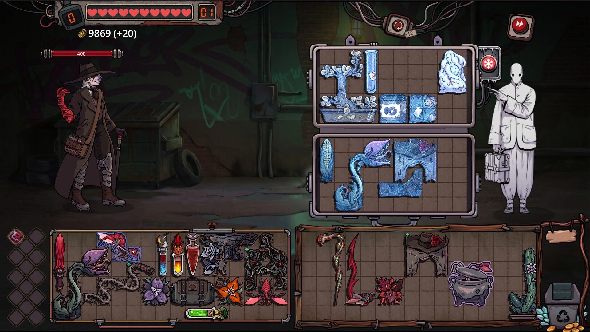 Roselle Hunt: Inventory grid with icy items and gear, bounty hunter and masked vendor in alley shop UI.