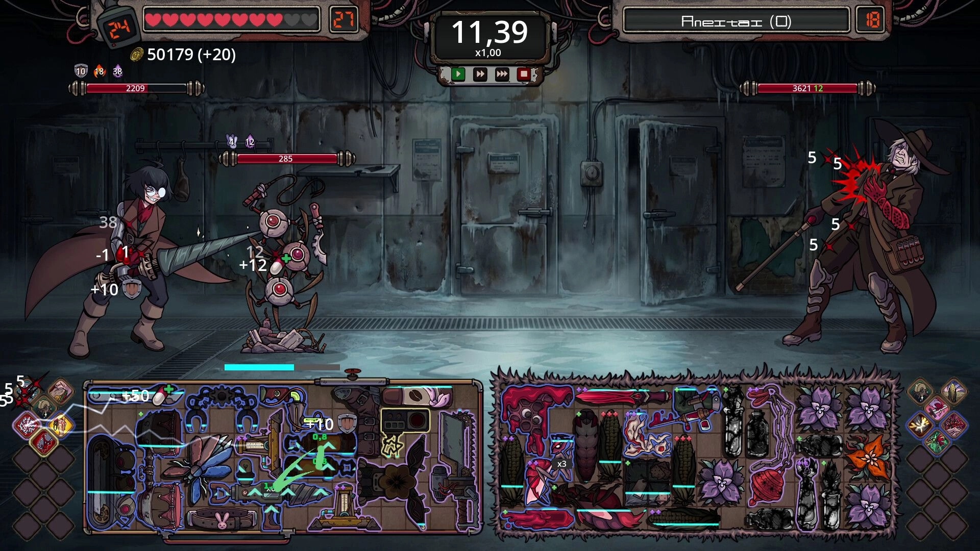 Roselle Hunt: Auto-battle duel in icy lab, two fighters trading hits above packed backpack inventories.