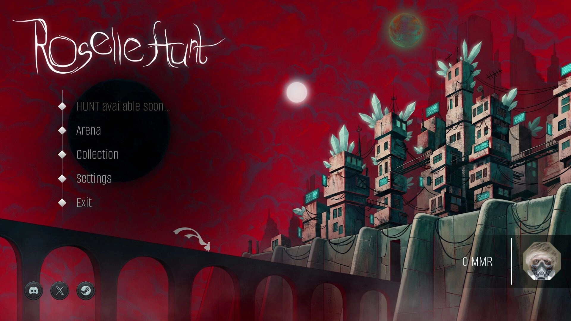 Roselle Hunt: Main menu with Arena, Collection, Settings options over red sky cityscape backdrop.