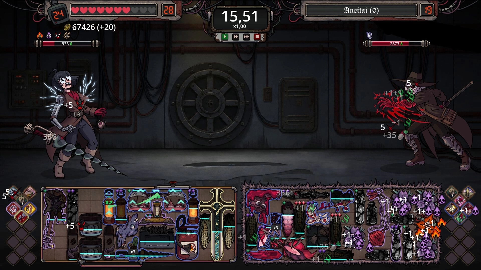 Roselle Hunt: Auto-battle duel in an industrial vault room with two fighters and packed gear grids below.