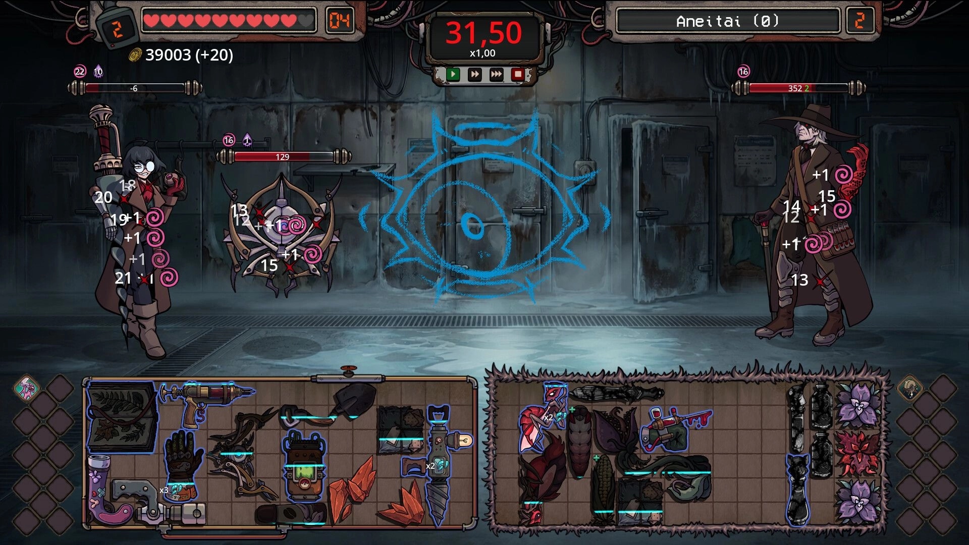 Roselle Hunt: Auto-battle duel with two hunters and gear grids below in an icy industrial room.