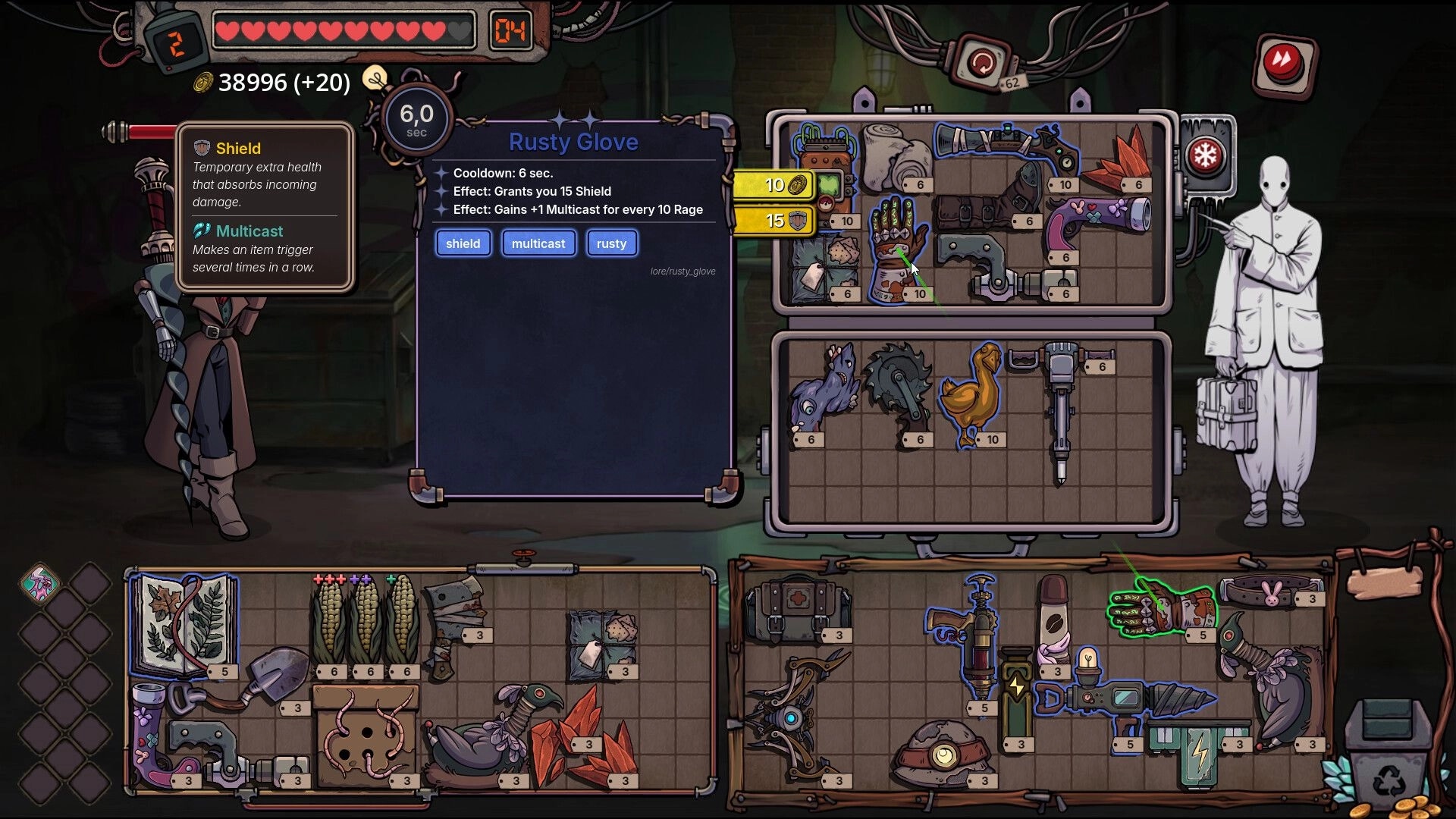 Roselle Hunt: Rusty Glove tooltip open over backpack inventory grid with gear, coins, and health UI.