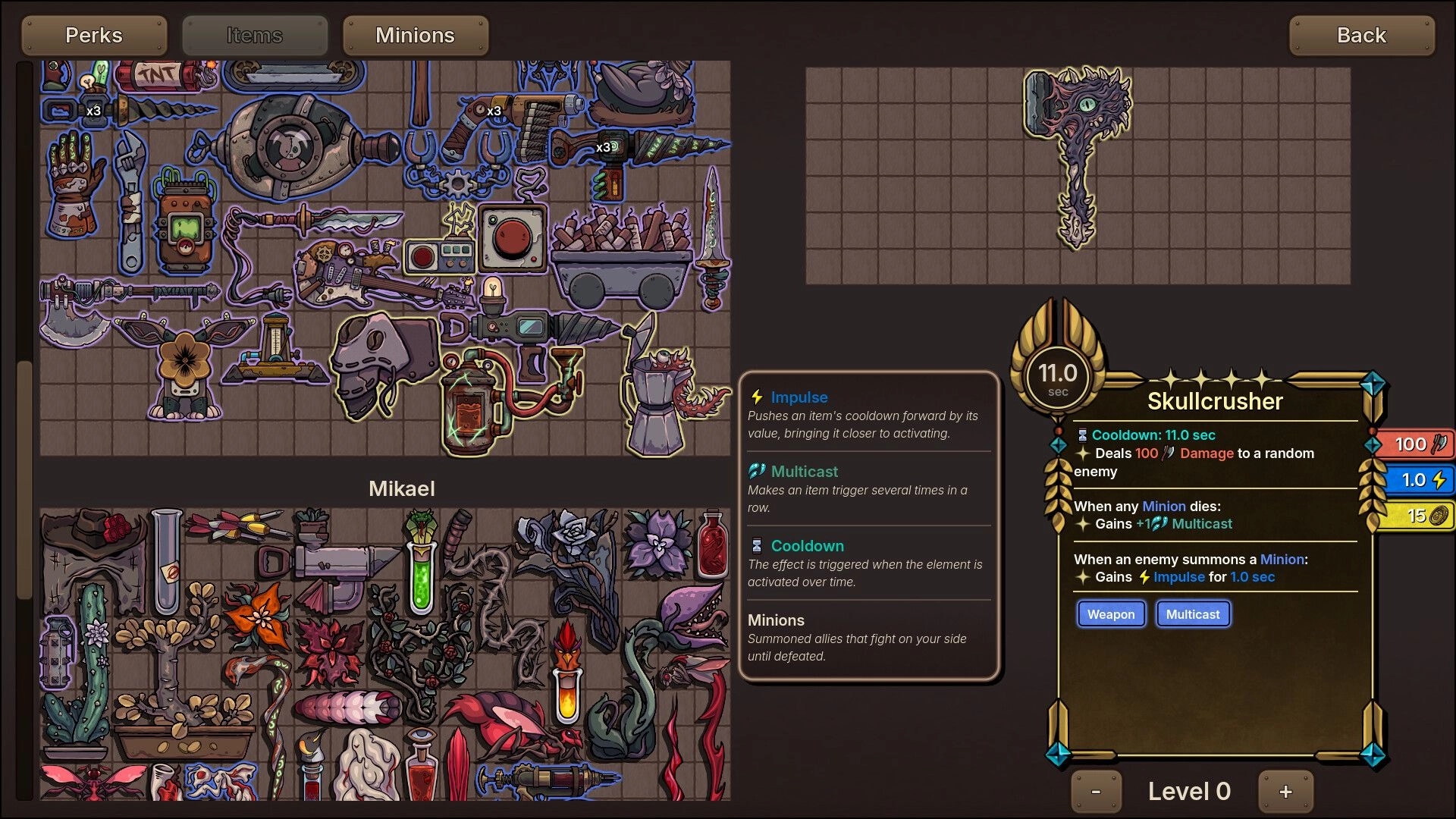 Roselle Hunt: Inventory grid packed with gear, Skullcrusher tooltip open, Minions tab selected.