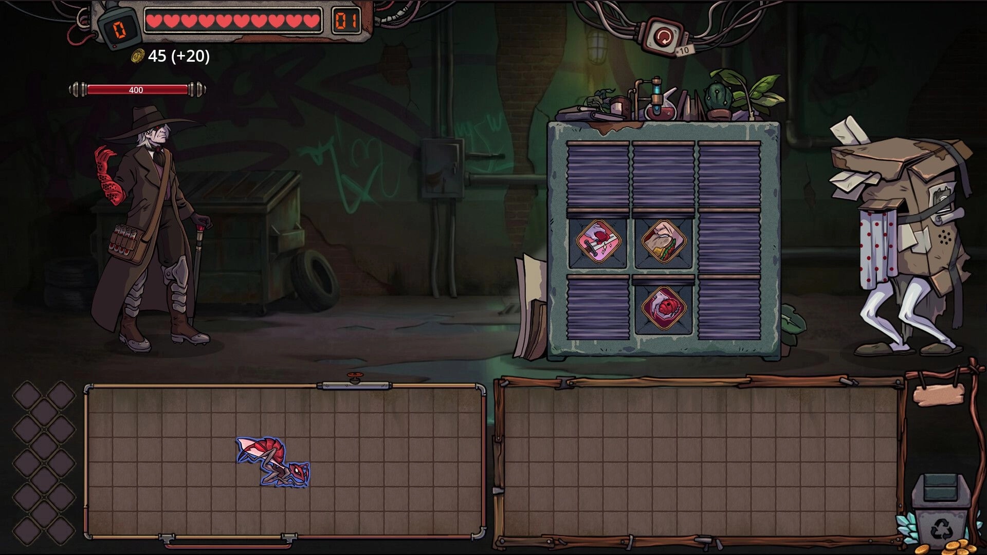 Roselle Hunt: Bounty hunter at vendor grid selecting items, health hearts and coin UI in alley shop.