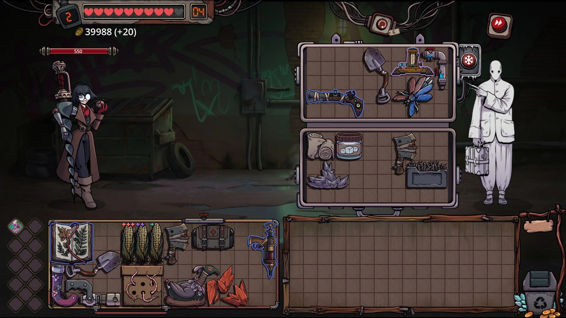 Roselle Hunt: Inventory grid with shovel, pistol and supplies beside masked vendor in dark alley shop UI.
