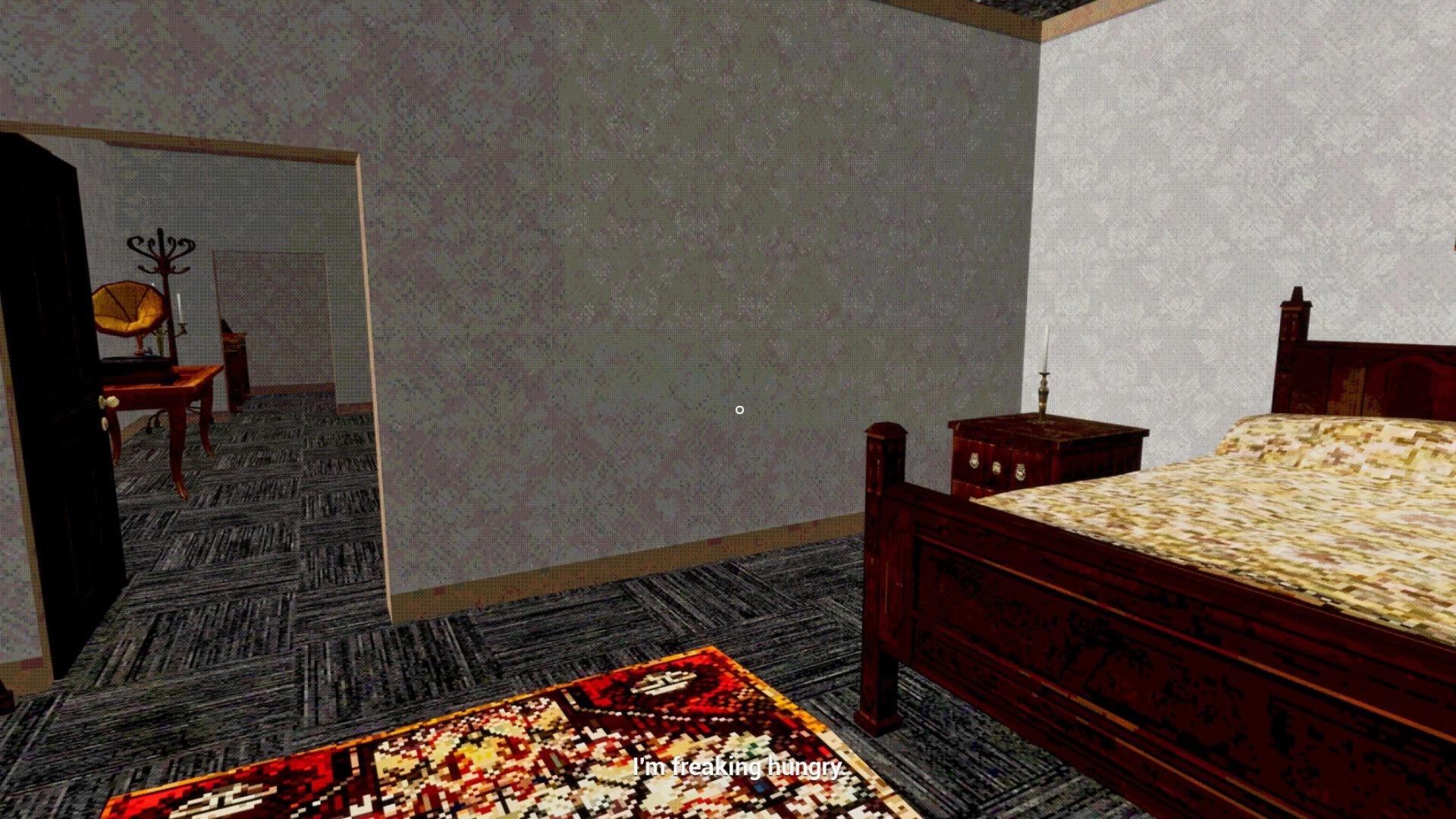 Rosepine hotel: Bedroom interior with ornate bed, open door to hallway, and text overlay "I'm freaking hungry."