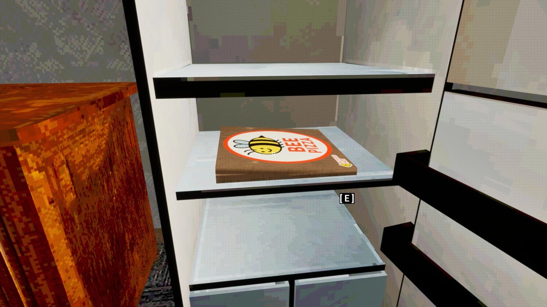 Rosepine hotel: Pizza box labeled "Bee Pizza" on a shelf with interaction prompt "[E]" visible
