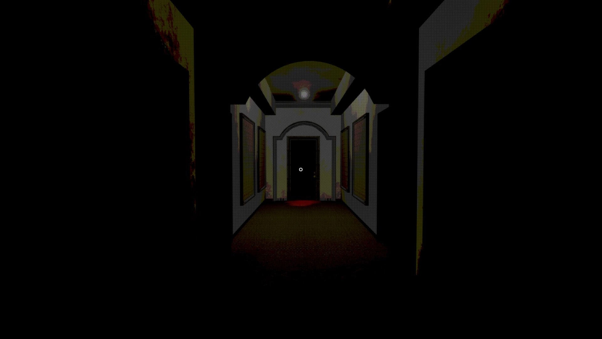 Rosepine hotel: Dimly lit hallway with eerie paintings and a single door illuminated by a faint spotlight