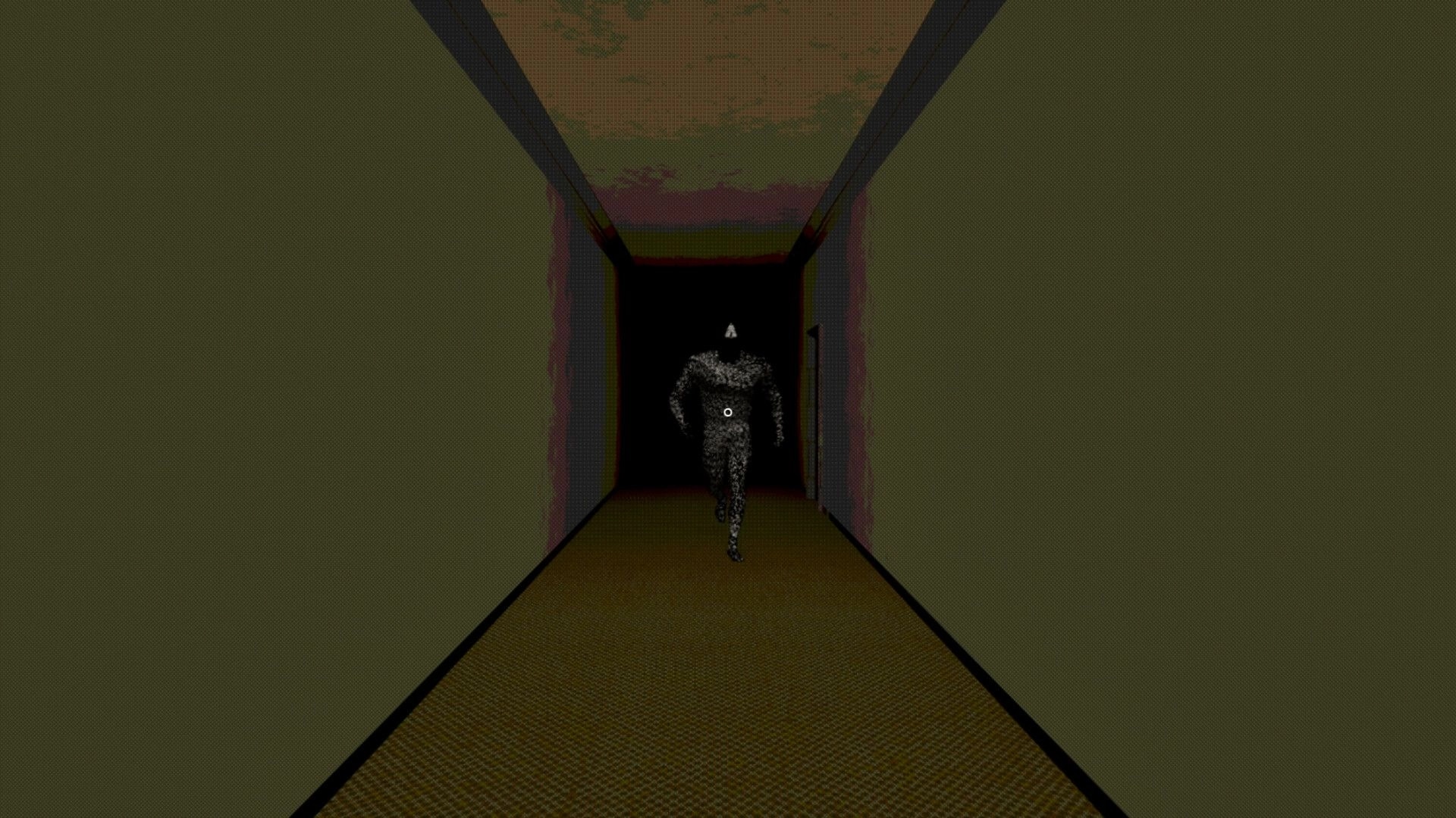 Rosepine hotel: Shadowy figure approaches down a dimly lit, narrow hotel hallway with eerie atmosphere