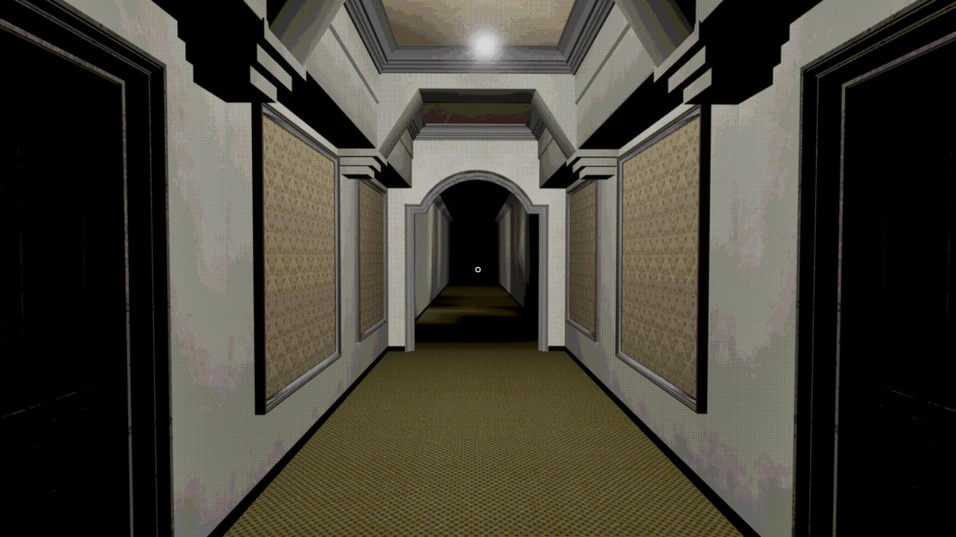 Rosepine hotel: Dimly lit hallway with patterned walls and archway leading into darkness