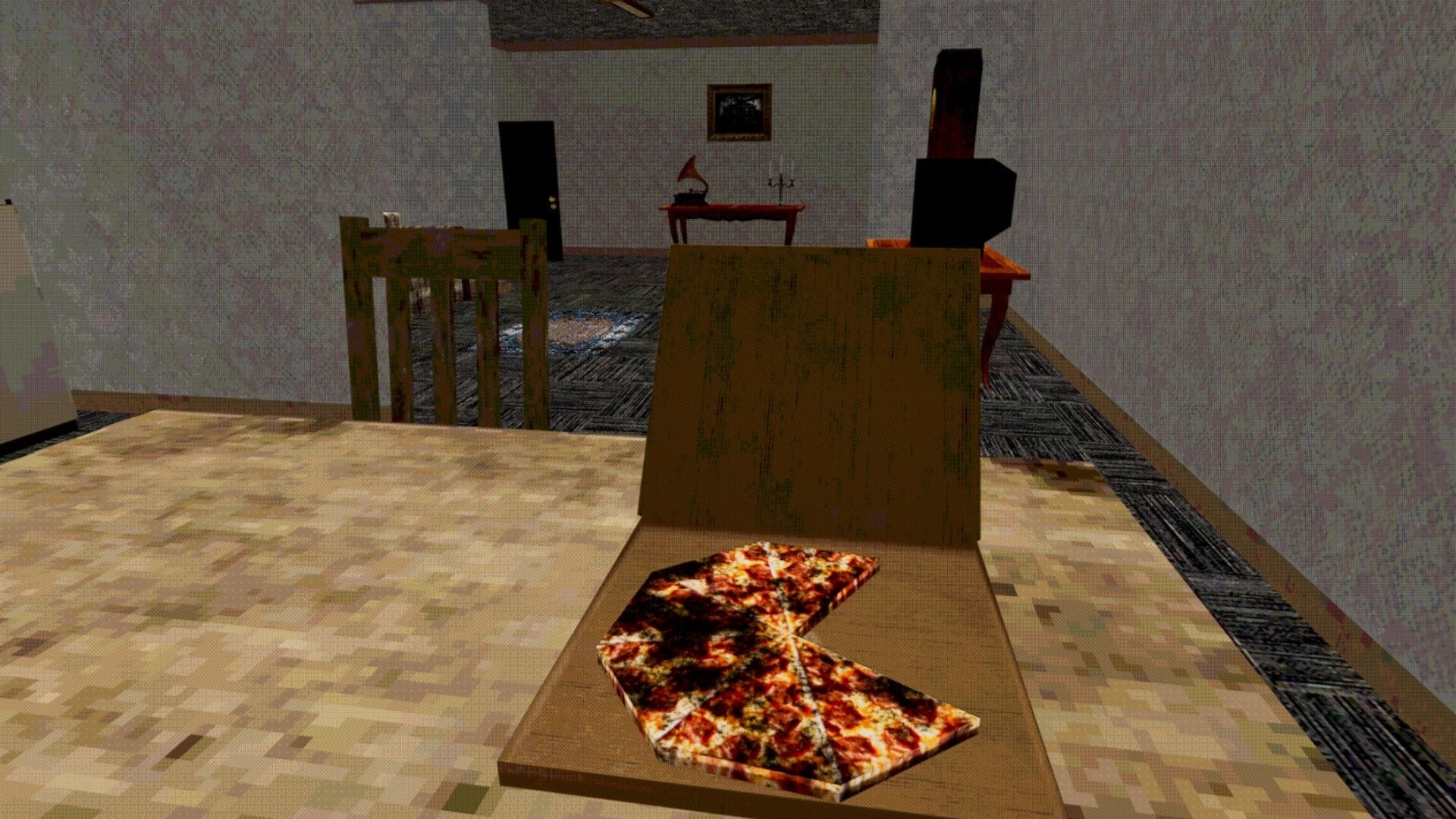 Rosepine hotel: Open pizza box on table in dimly lit room with vintage decor and a gramophone in the corner