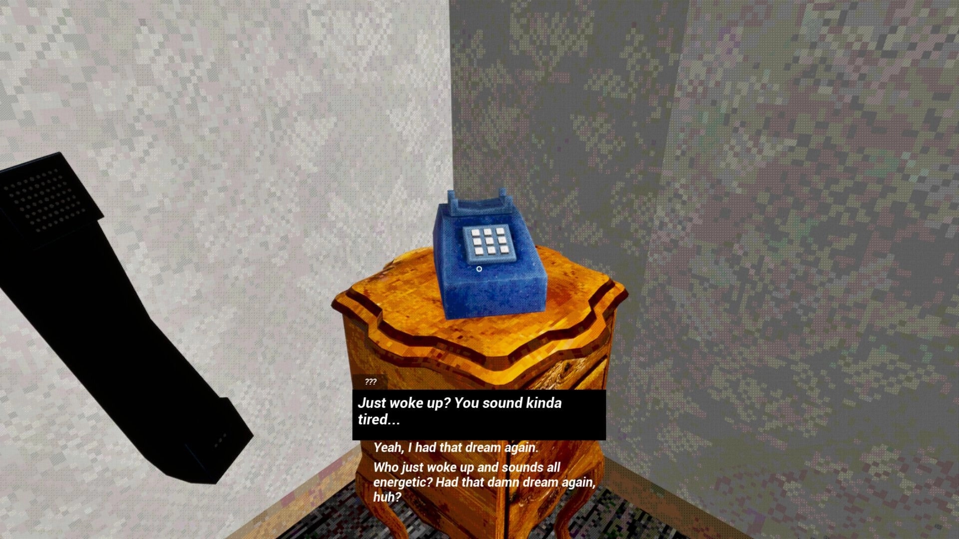 Rosepine hotel: Dialogue options appear during a phone call scene with a vintage telephone on a table