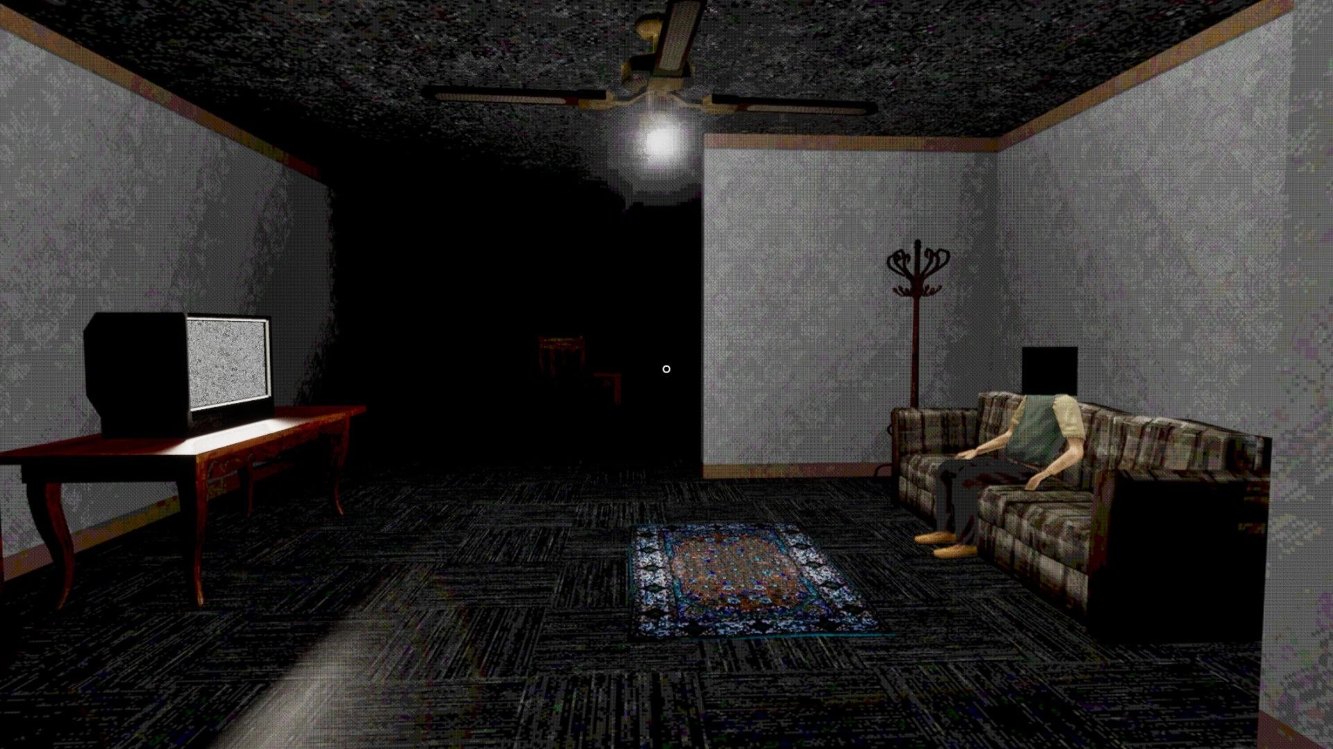 Rosepine hotel: Character sits on a sofa in a dimly lit room with a static-filled TV and patterned carpet.