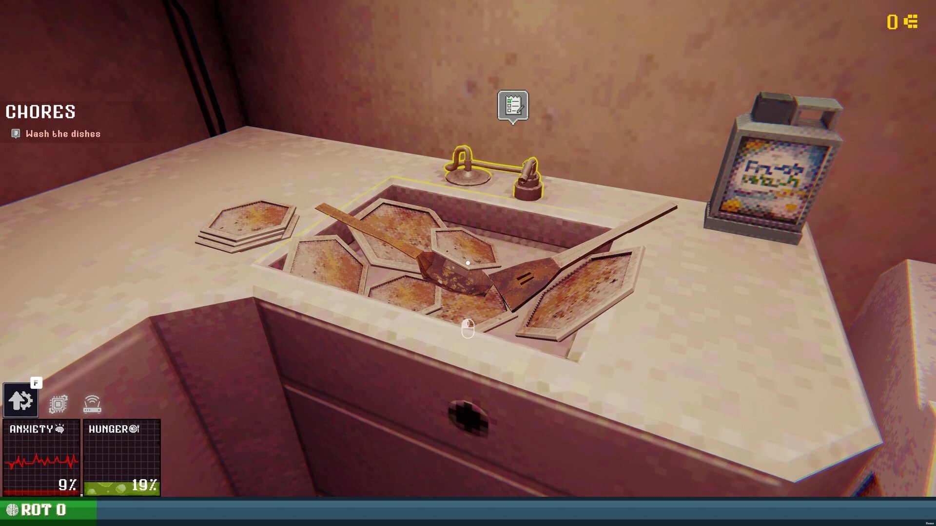 Rotted: Washing dirty dishes in a kitchen sink, chores UI and anxiety/hunger meters on screen.