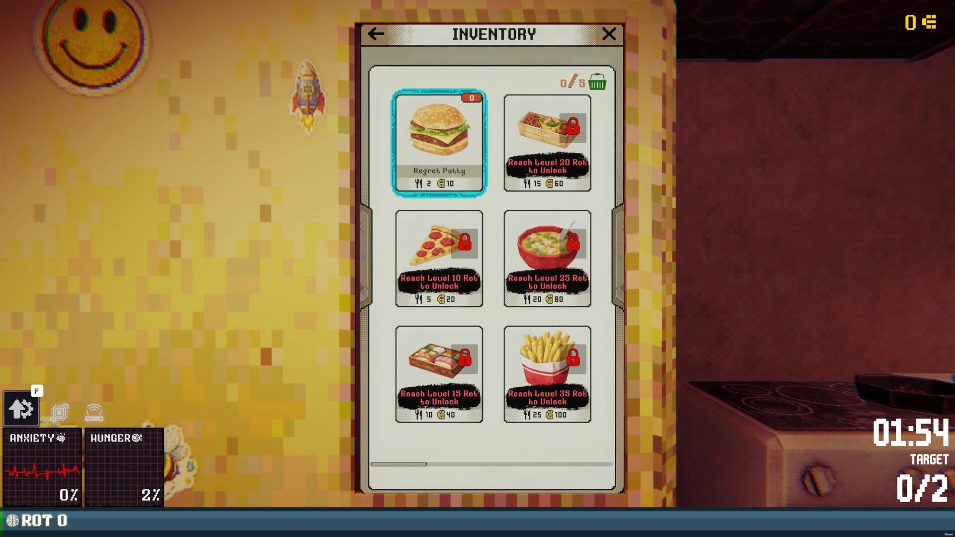 Rotted: Inventory menu highlighting Regret Patty food card in a pixelated kitchen with HUD timers.