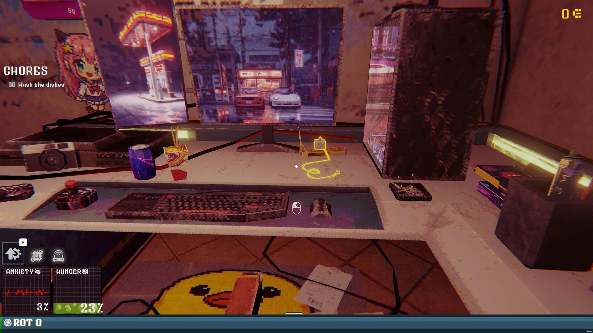Rotted: First-person view of cluttered PC desk with chores prompt and anxiety/hunger UI in room.