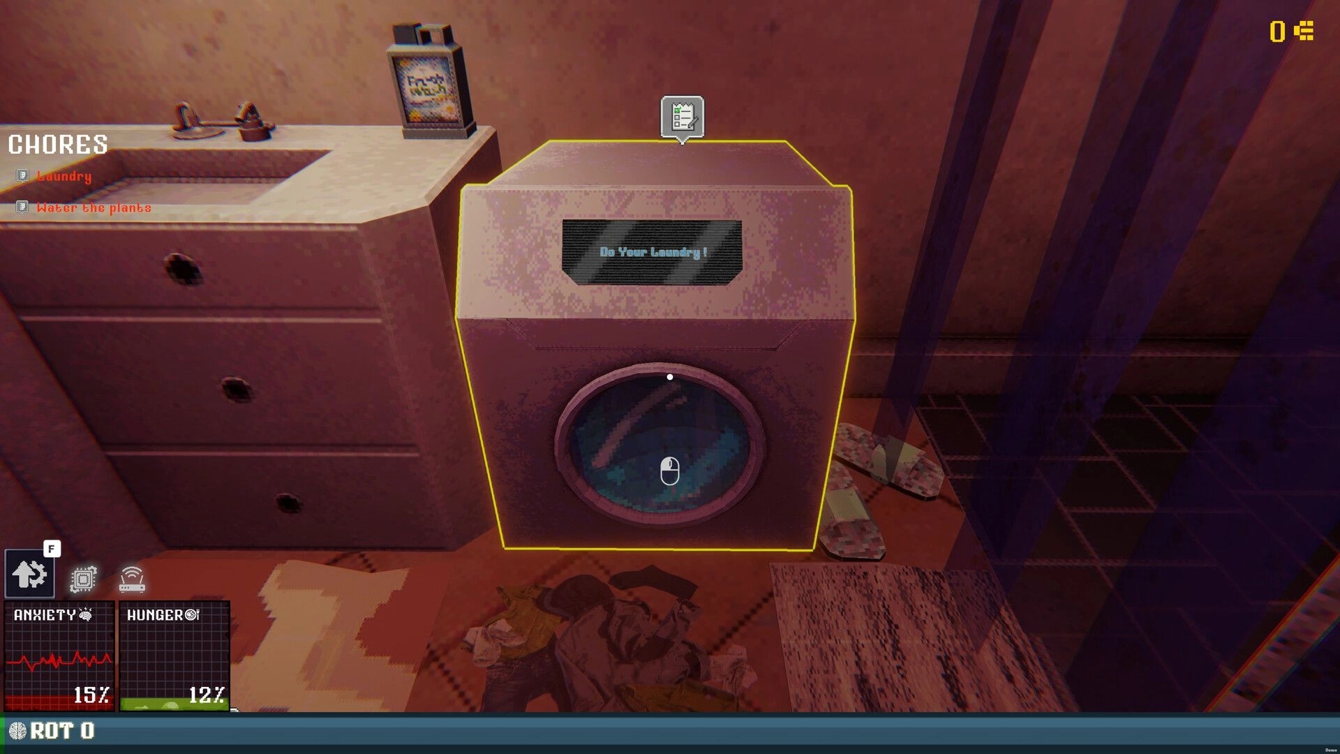 Rotted: Highlighted washing machine with “Do Your Laundry!” prompt in a grimy bathroom chores UI.